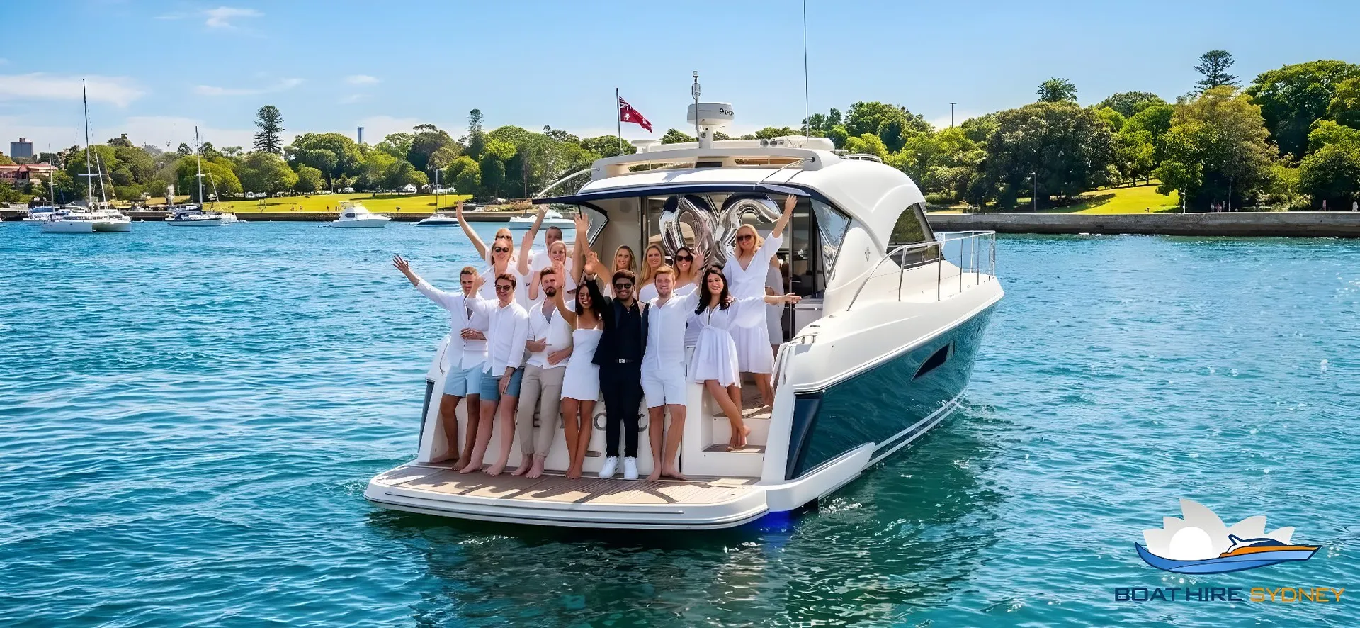 Guests celebrating on a charter boat on Sydney Harbour